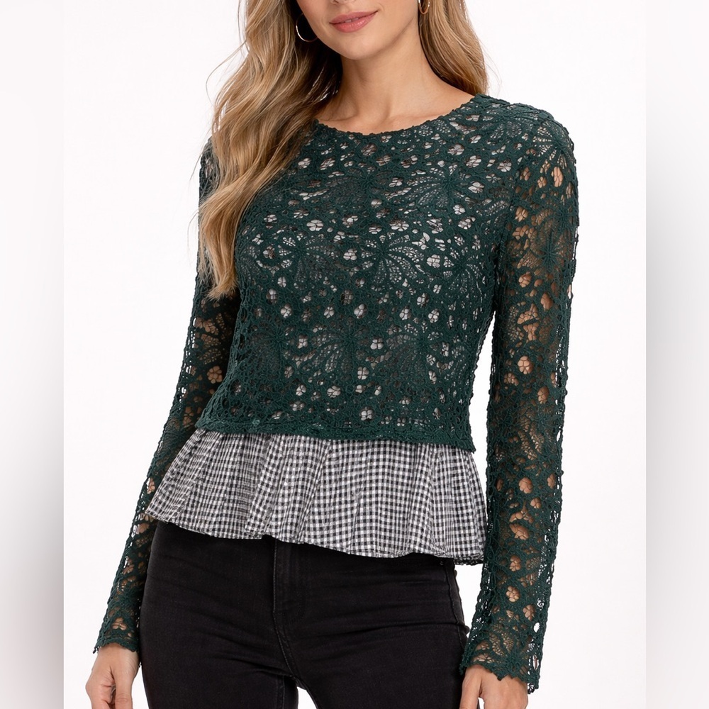 English Factory Green Lace Overlay Peplum Blouse | Gingham Layered Top (1202)